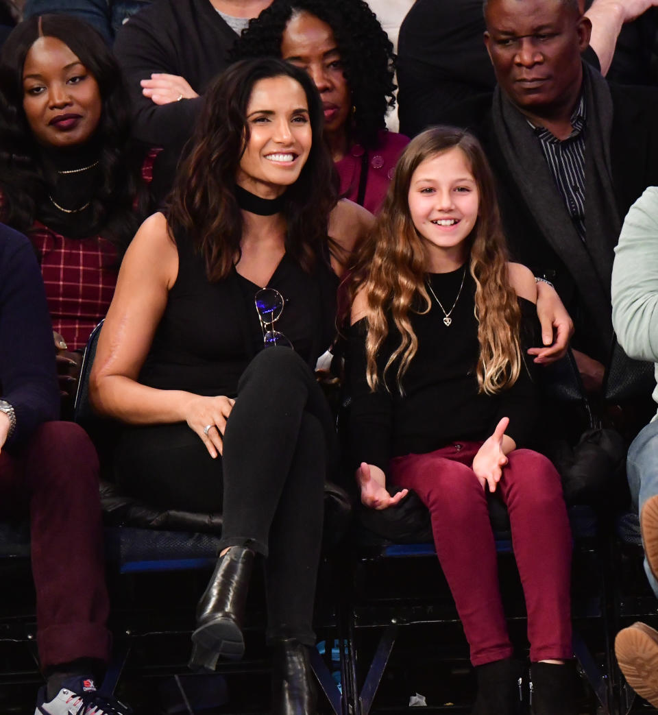 NEW YORK, NY - DECEMBER 08:  Padma Lakshmi and Krishna Lakshmi-Dell attend Brooklyn Nets v New York Knicks game at Madison Square Garden on December 8, 2018 in New York City.  (Photo by James Devaney/Getty Images)