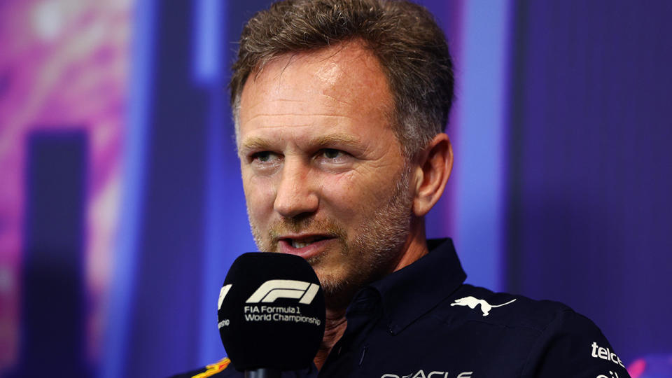 Christian Horner is pictured during an F1 press conference.