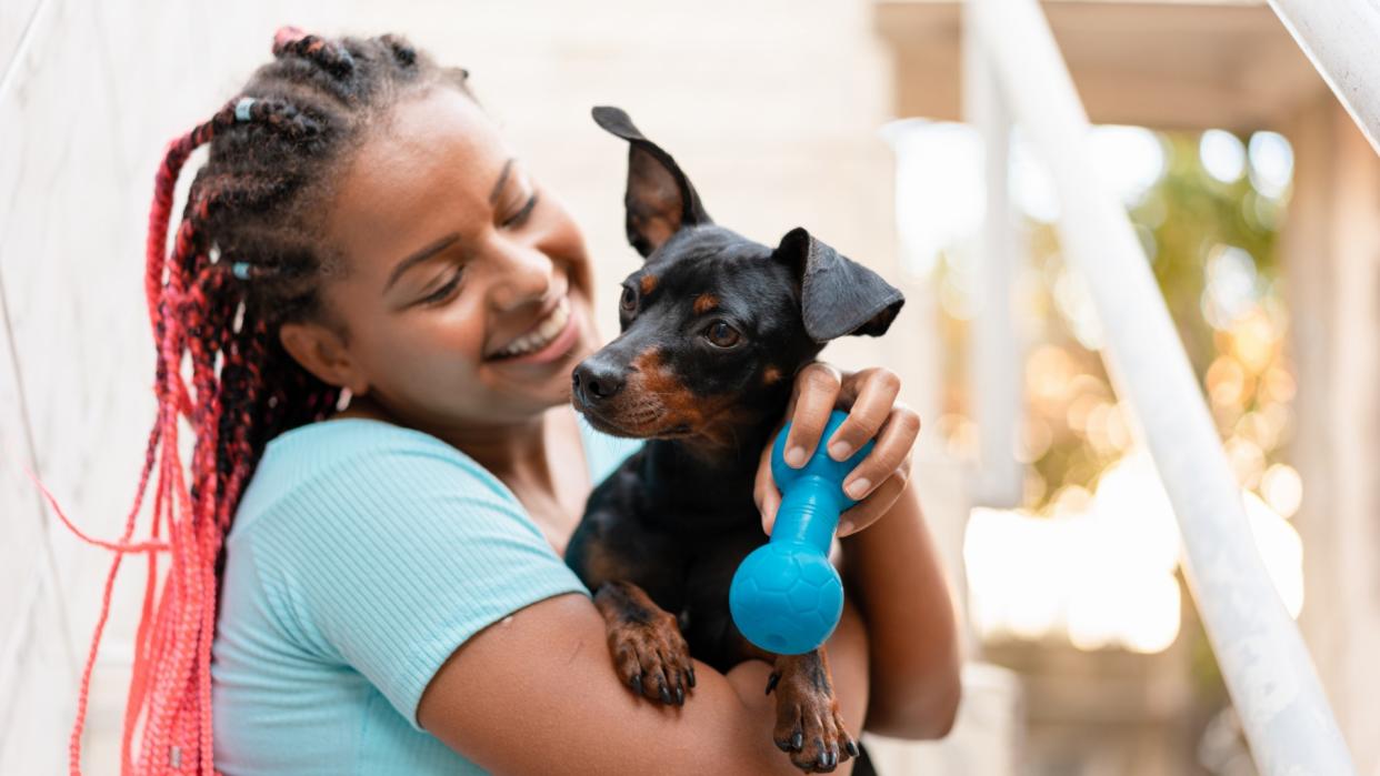  Woman cuddling puppy and holding toy. 