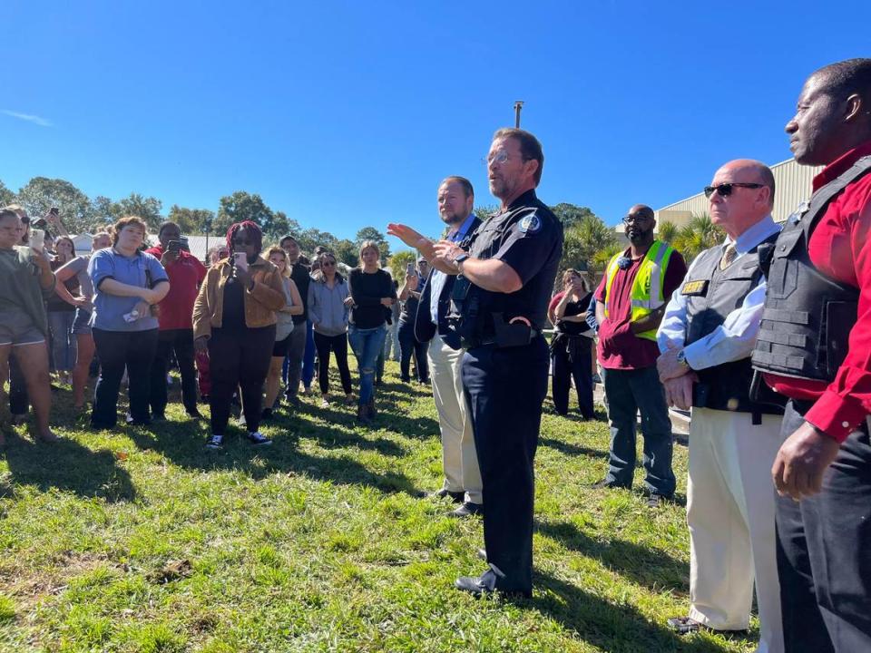 Beaufort Police Chief Dale McDorman addresses parents in October during shooting scare at Beaufort High School that turned out to be a hoax.