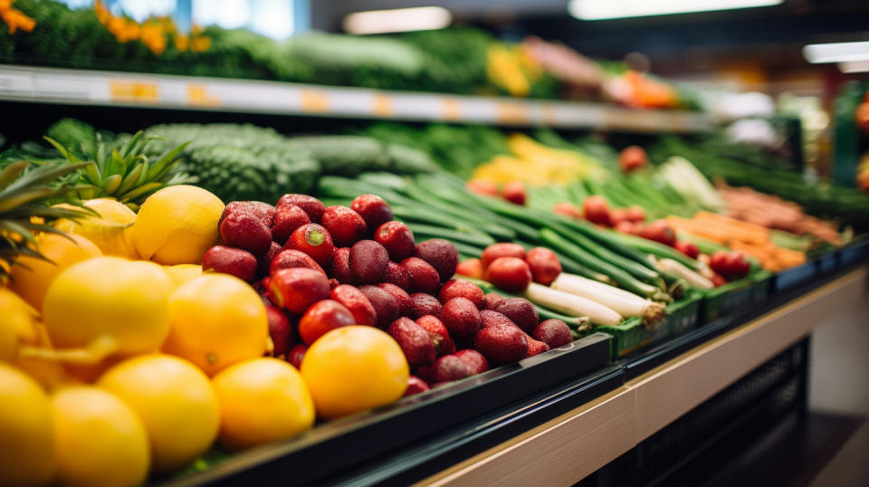 A close-up view of organic fruits and vegetables in a local retail store.