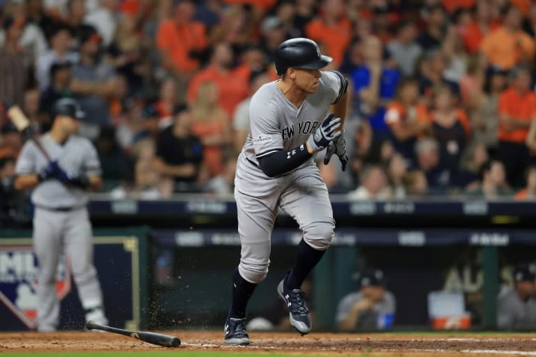 Aaron Judge of the New York Yankees grounds out in the eighth inning against the Houston Astros during game one of the American League Championship Series, at Minute Maid Park in Houston, Texas, on October 13, 2017