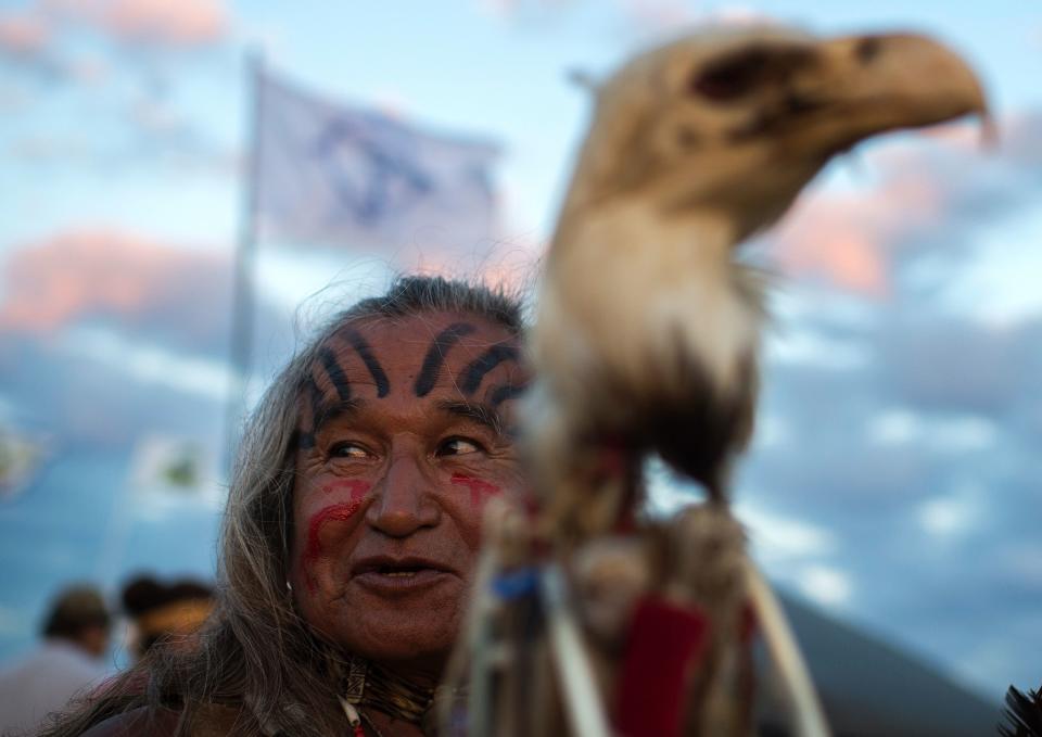 Phil Little Thunder Sr. attends an evening gathering at an encampment where hundreds of people have gathered to join the Standing Rock Sioux Tribe's protest against the construction of the Dakota Access Pipe (DAPL), near Cannon Ball, North Dakota, on September 3, 2016.