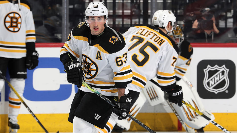 PHILADELPHIA, PA - MARCH 10:  Brad Marchand #63 of the Boston Bruins warms up against the Philadelphia Flyers on March 10, 2020 at the Wells Fargo Center in Philadelphia, Pennsylvania.  (Photo by Len Redkoles/NHLI via Getty Images)