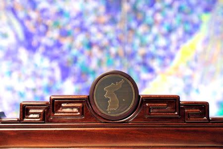 A decoration sitting on a chair is pictured at the Peace House, the venue for the inter-Korean summit, at the truce village of Panmunjom inside the demilitarized zone separating the two Koreas, South Korea, April 25, 2018. Yonhap via REUTERS