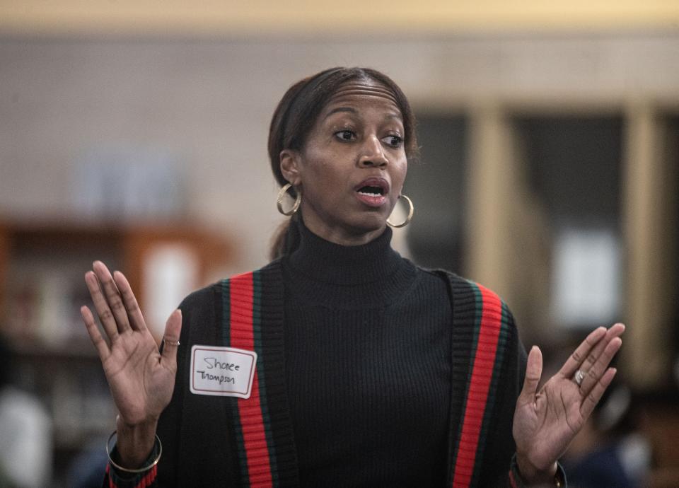 Shonee Thompson, a parent of a student at the George Fischer Middle School in Carmel, expresses her displeasure with how the Carmel Central School District handled an incident in which several high school students produced a a series of TikTok videos with racist language and threats of gun violence.
(Photo: Seth Harrison/The Journal News)