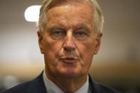 European Union chief Brexit negotiator Michel Barnier arrives to a conference of presidents meeting at the European Parliament in Brussels, Thursday, Sept. 12, 2019. Barnier says the bloc is still waiting for proposals from Prime Minister Boris Johnson to end the impasse in talks over Britain's departure, due at the end of next month. (AP Photo/Francisco Seco)