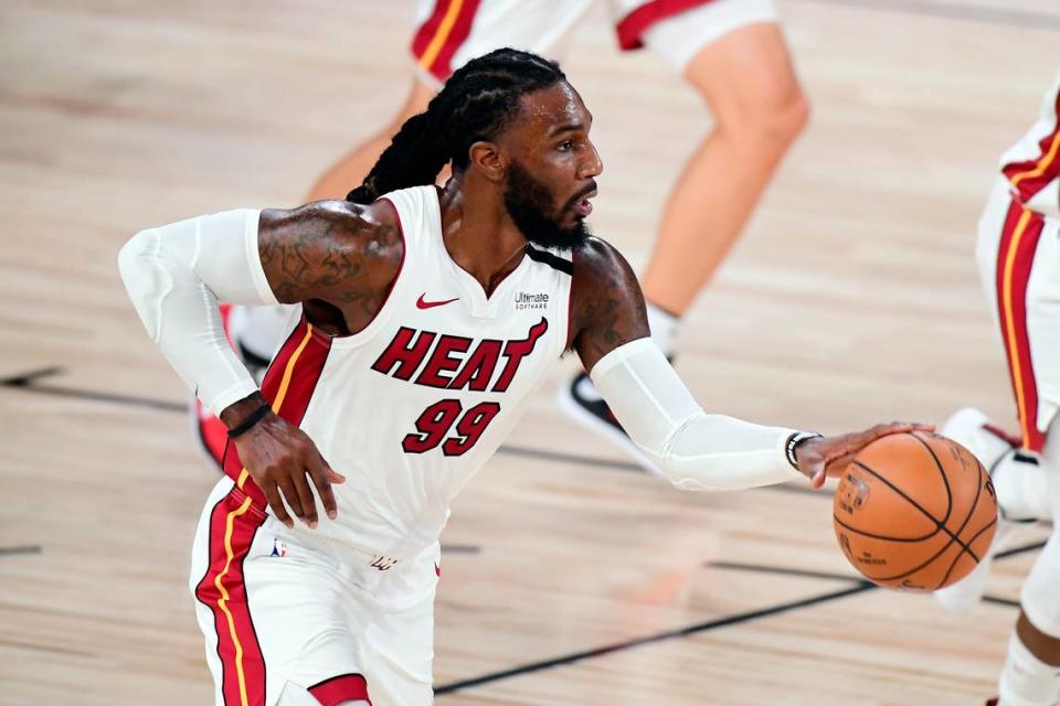 Jae Crowder #99 of the Miami Heat dribbles during the first half against the Los Angeles Lakers in Game 2 of the 2020 NBA Finals at AdventHealth Arena at ESPN Wide World Of Sports Complex on Oct. 2, 2020 in Lake Buena Vista.