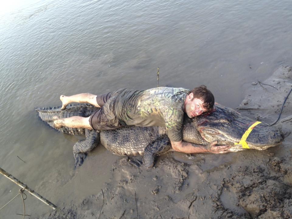 Dustin Bockman lies on top of his record setting alligator, weighing 727 pounds and measuring 13 feet, captured in Vicksburg, Mississippi