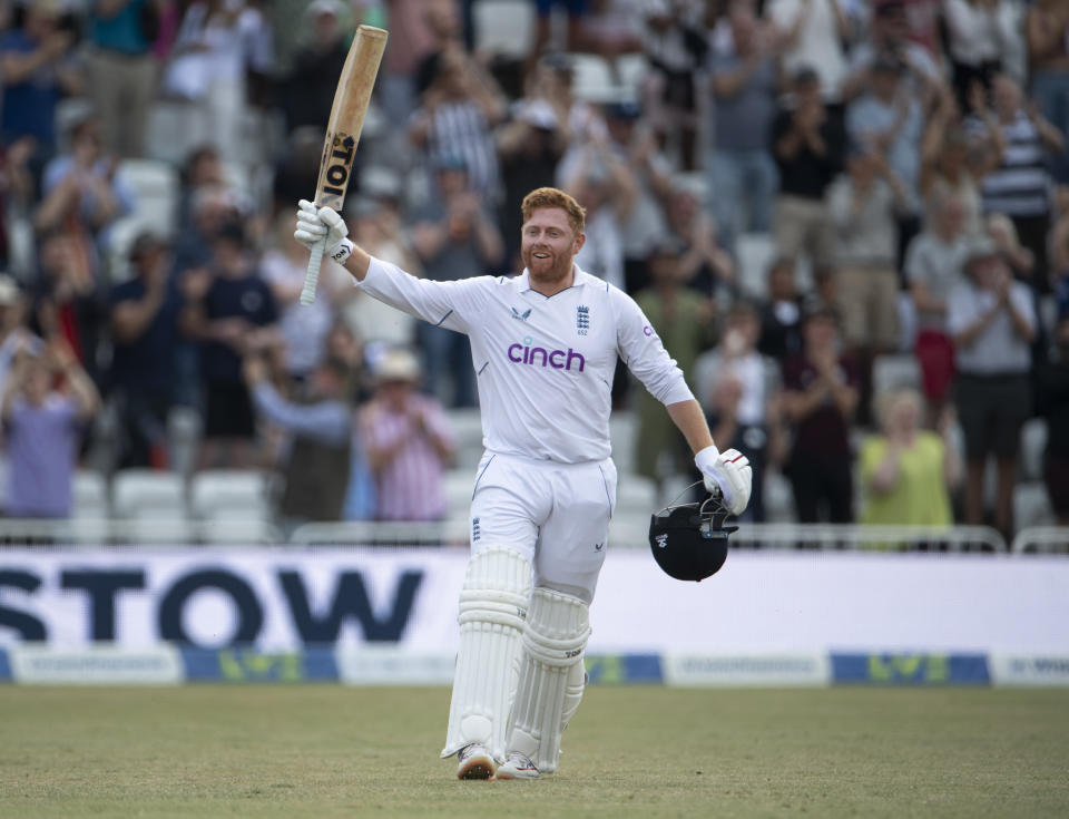 Jonathan Bairstow (pictured) celebrates hitting a century during the fifth day of the Second Test match between England and New Zealand.