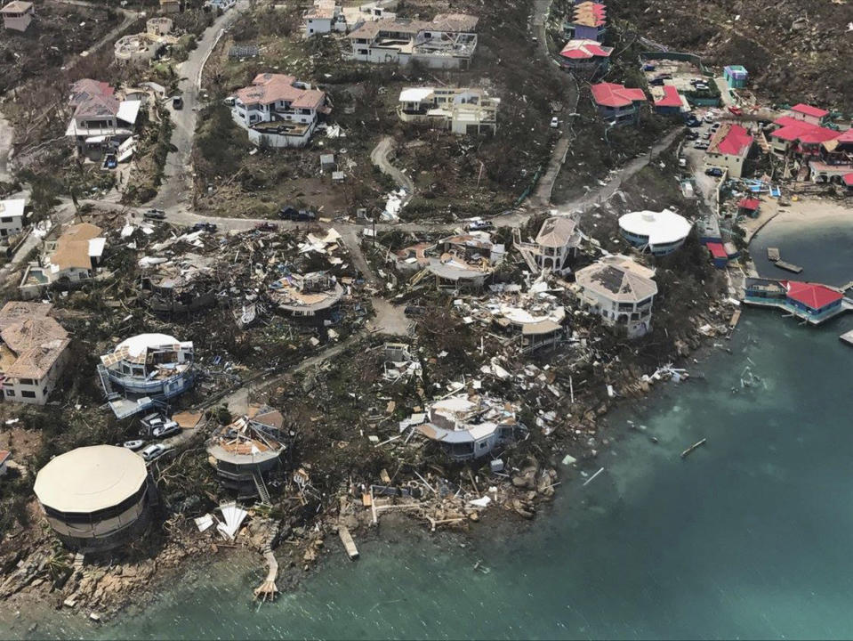 <p>Storm damage is seen in the aftermath of Hurricane Irma in Virgin Gorda’s Leverick Bay in the British Virgin Islands on Sept. 8, 2017. (Photo: Caribbean Buzz Helicopters via AP) </p>