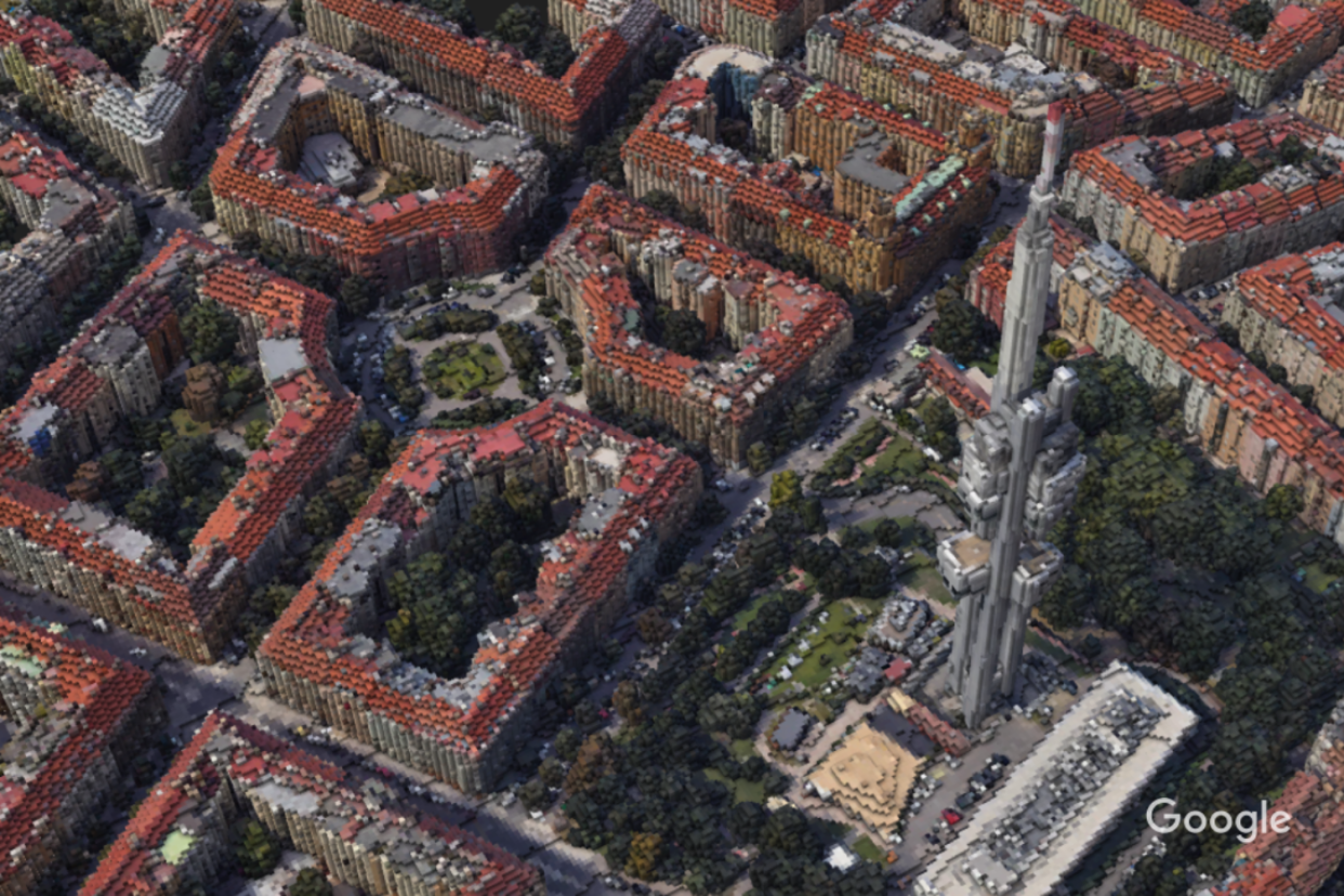  An aerial image of downtown prague voxelized using minecraft blocks . 