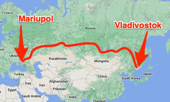 A map shows the 5,955-mile distance between Mariupol, Ukraine and Vladivostok, Russia.