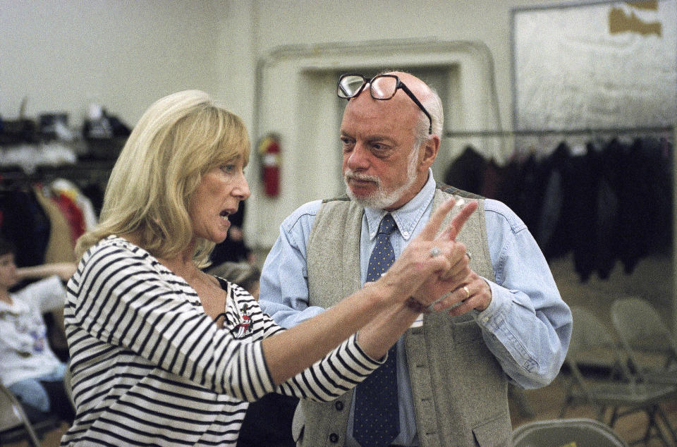 FILE - This Nov. 5, 1993 file photo, director Harold Prince, right, talks with choreographer Gillian Lynne during rehearsals for the upcoming San Francisco production of "Phantom of the Opera", in New York. Prince, who pushed the boundaries of musical theater with such groundbreaking shows as “The Phantom of the Oepra,” "Cabaret," "Company" and "Sweeney Todd" and won a staggering 21 Tony Awards, died Wednesday, July 31, 2019, after a brief illness in Reykjavik, Iceland. He was 91. (AP Photo/Paul Hurschmann, File)