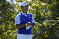 Hideki Matsuyama, of Japan, prepares to hit on the second tee during the third round of the US Open Golf Championship, Saturday, Sept. 19, 2020, in Mamaroneck, N.Y. (AP Photo/Charles Krupa)