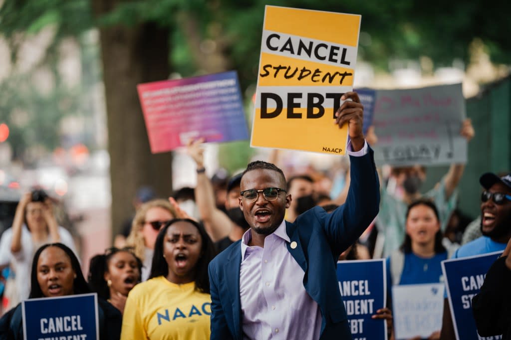 Wisdom Cole, the National Director of the NAACP Youth and College Division leads a march from the Supreme Court of the United States to the White House after the nation’s high court stuck down President Biden’s student debt relief program on Friday, June 30, 2023. (Kent Nishimura / Los Angeles Times via Getty Images)