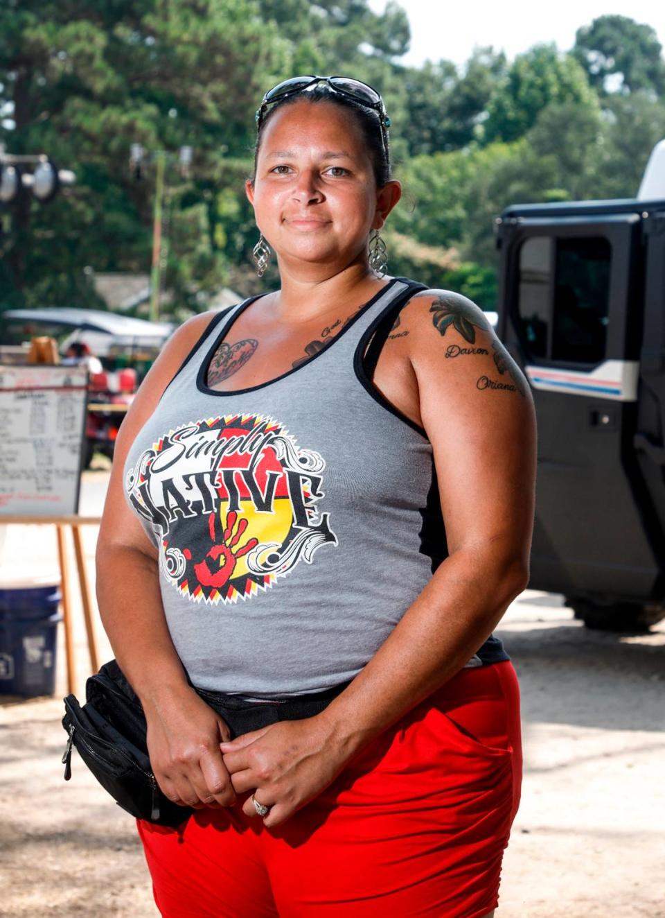 Teresa Bullard poses at the Lumbee Homecoming in Pembroke, N.C., Saturday, July 6, 2024.