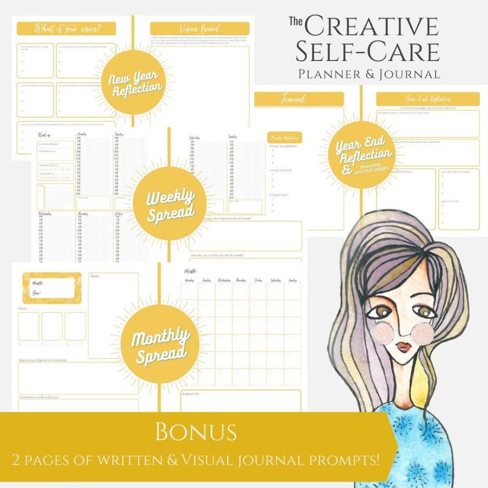 The Creative Self-Care Planner and Journal is more than a basic planner with space for visioning, journaling, and planning.