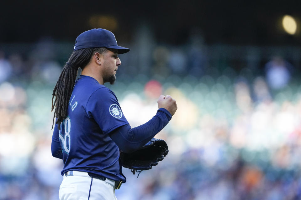Seattle Mariners starting pitcher Luis Castillo reacts after retiring the side against the Atlanta Braves during the third inning of a baseball game Tuesday, April 30, 2024, in Seattle. (AP Photo/Lindsey Wasson)