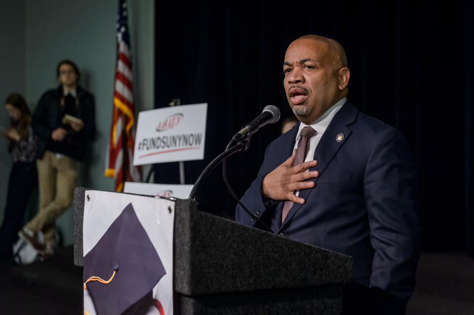 New York State Assembly Speaker Carl Heastie. SUNY and CUNY students, faculty and staff from across the state, joined by elected officials, members of the USS, PSC CUNY, NYPIRG and and other student organizations gathered together in Albany  for the Higher Ed Action Day, visiting legislators to demand full funding for higher education across the state. (Erik McGregor/LightRocket via Getty Images)