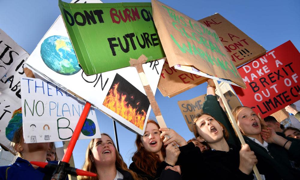 Protesters hold placards as they attend a climate change protest organised by Youth Strike 4 Climate opposite the Houses of Parliament in London last Friday