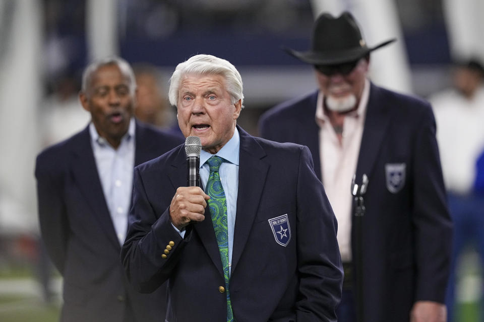 Pro Football Hall of Fame coach Jimmy Johnson speaks while being inducted in the the Dallas Cowboys ring of honor during a ceremony at halftime of an NFL football game between the Cowboys and the Detroit Lions, Saturday, Dec. 30, 2023, in Arlington, Texas. (AP Photo/Sam Hodde)