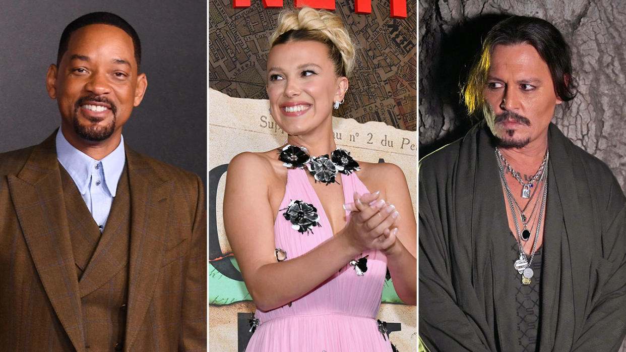 Will Smith, Millie Bobby Brown, Johnny Depp were among the most searched actors of 2022. (Getty)