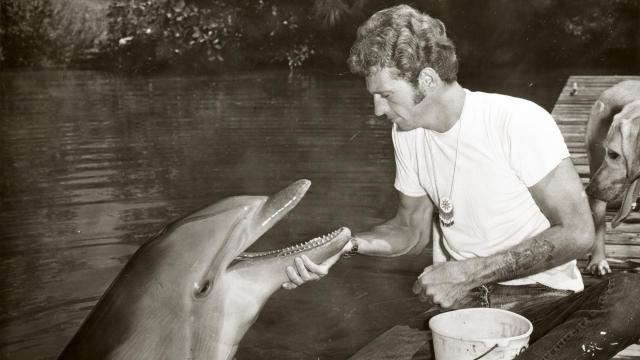 A black and white photo shows a young Ric O'Barry holding the chin of Flipper the dolphin.