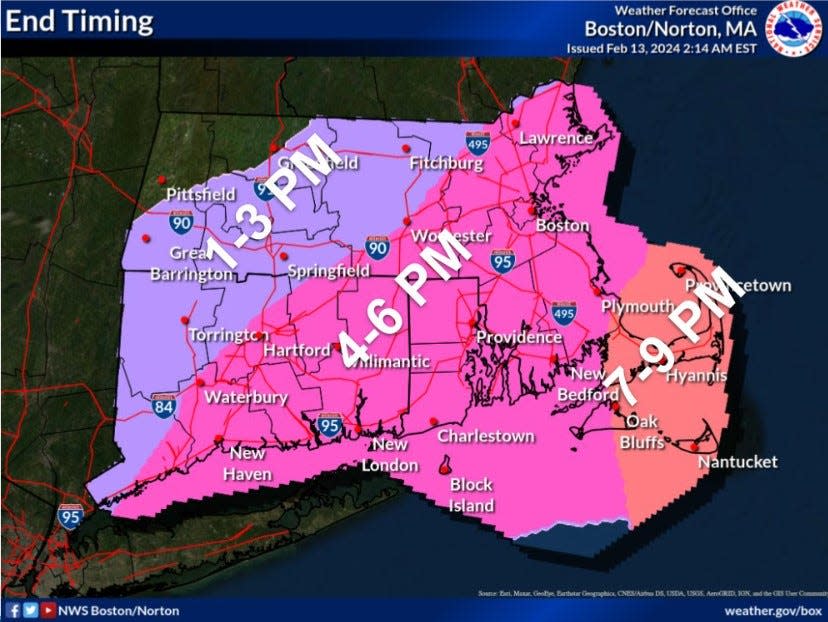 This National Weather Service graphic shows the snow in Rhode Island should wind down between 4 and 6 p.m.