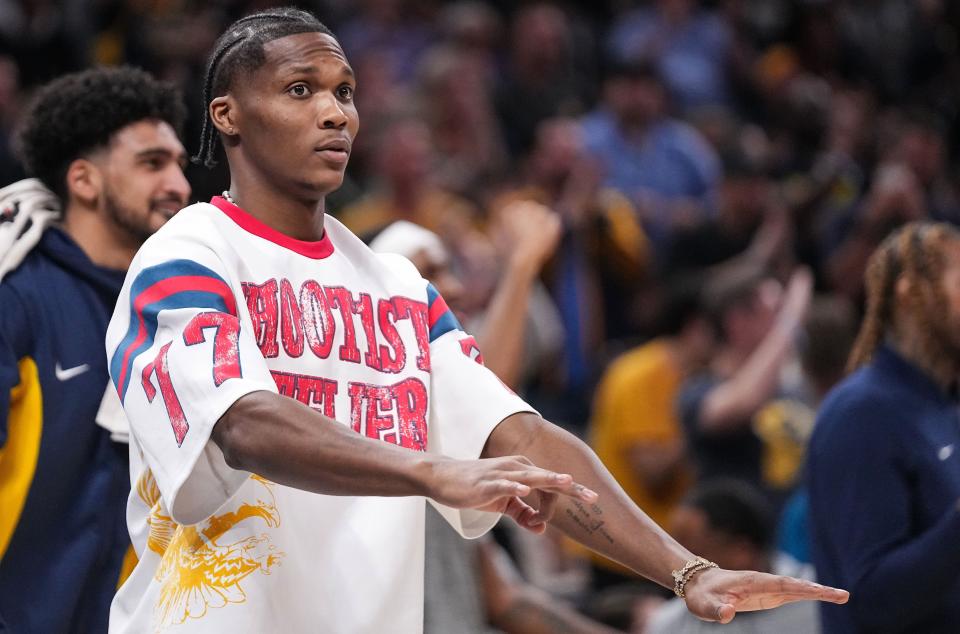 Indiana Pacers guard Bennedict Mathurin (00) reacts to a call from the referee Wednesday, March 13, 2024, during the game at Gainbridge Fieldhouse in Indianapolis. The Chicago Bulls defeated the Indiana Pacers in overtime, 132-129.