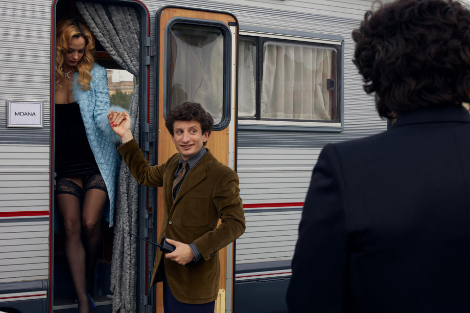 From left: Gaia Messerklinger as Moana, Vincenzo Nemolato as Riccardo Schicchi in episode 103 of <em>Supersex</em>. Cr. Lucia Iuorio/Netflix © 2023