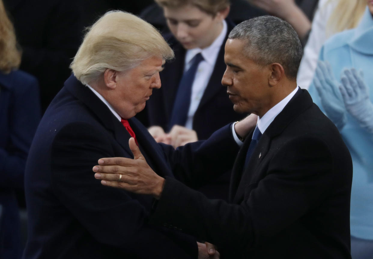 Barack Obama congratulates President Donald Trump after he took the oath of office on January 20.