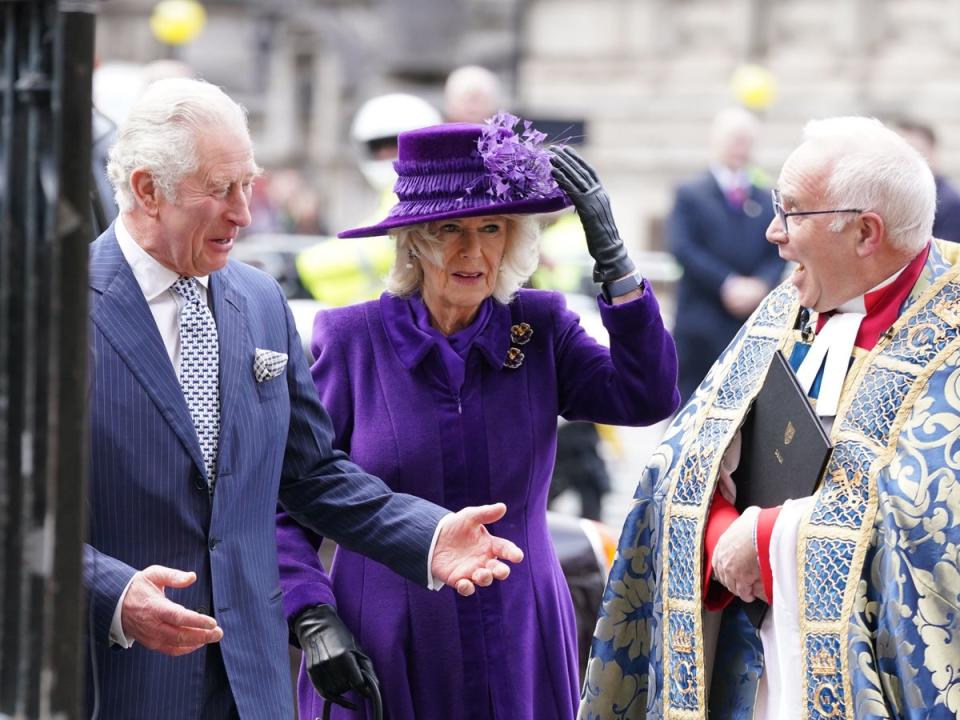 The Prince of Wales and the Duchess of Cornwall arriving at the Commonwealth Service at Westminster Abbey (PA)