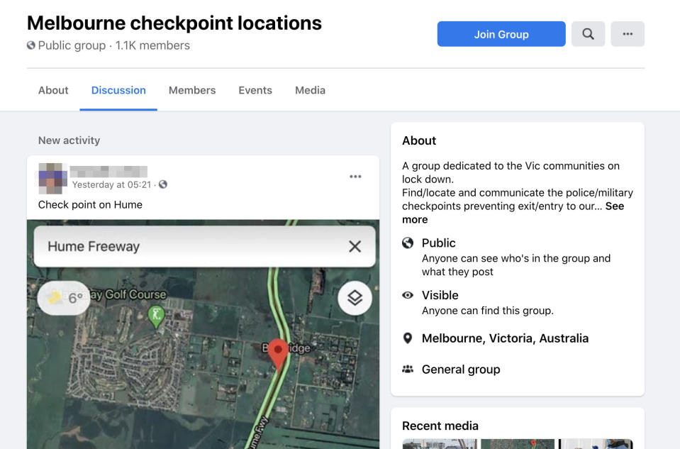 The Facebook page more than one thousand people are apart of indicating where police checkpoints are set up. Source: Facebook