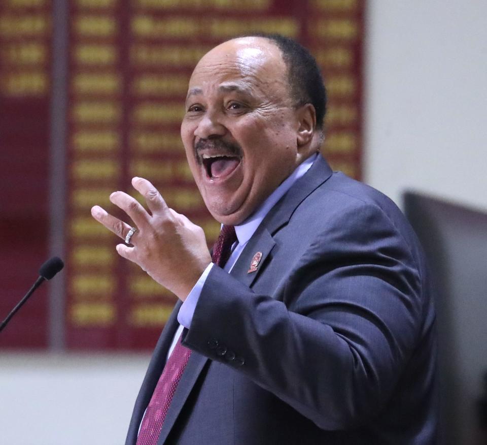 Martin Luther King III speaks to students and other guests at St. Thomas Aquinas College in Sparkill Feb. 12, 2024.