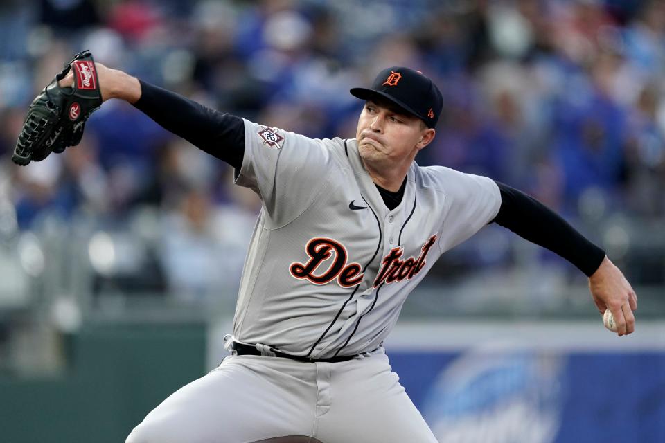 Tigers starting pitcher Tarik Skubal throws during the first inning against the Royals Friday, April 15, 2022, in Kansas City, Mo.
