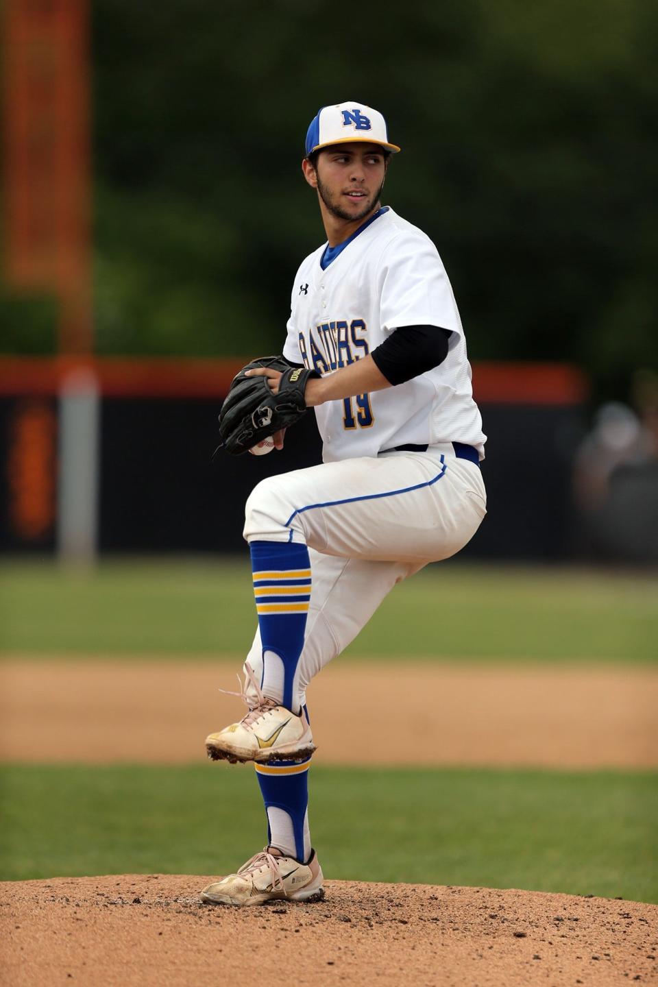 North Brunswick pitcher Zack Konstantinovsky throws against St. Joseph in the Greater Middlesex Conference baseball tournament final on May 21, 2023.