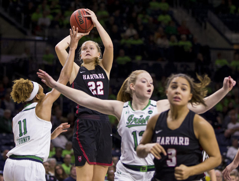 Harvard's Maddie Stuhlreyer (22) shoots over Notre Dame's Brianna Turner (11) during the first half of an NCAA college basketball game Friday, Nov. 9, 2018, in South Bend, Ind. (AP Photo/Robert Franklin)