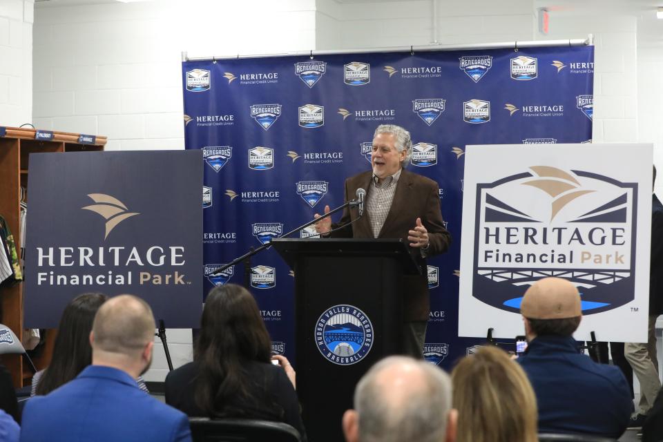 Dutchess County Executive Bill O'Neil speaks during a press conference on March 21, 2023. Dutchess Stadium has been renamed Heritage Financial Park. 