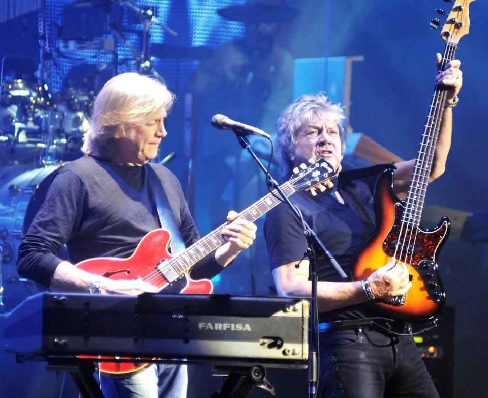 Guitarist Justin Hayward, left, and bassist John Lodge of the Moody Blues, perform at the Hanover Theatre for the Performing Arts in 2012.