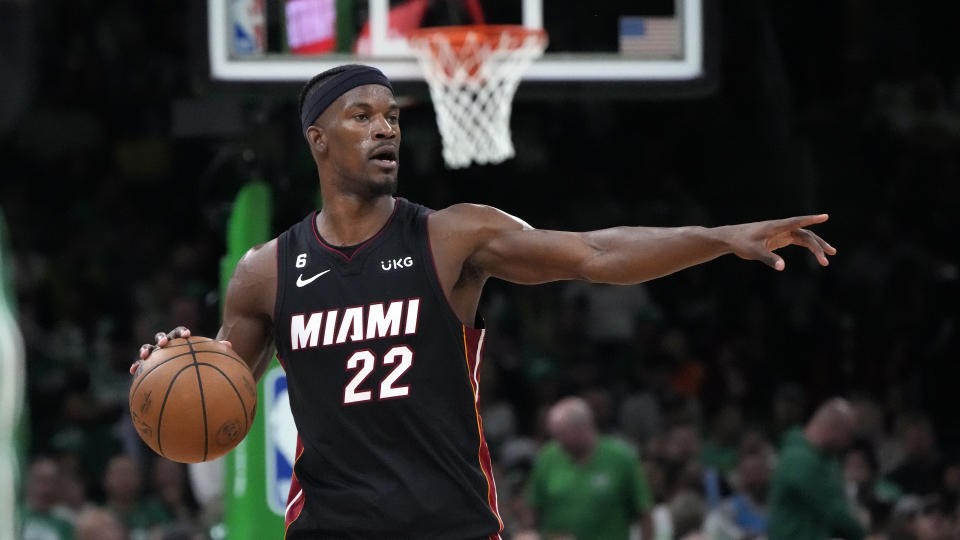 Miami Heat forward Jimmy Butler dribbles during the second half in Game 7 of the NBA basketball Eastern Conference finals against the Boston Celtics Monday, May 29, 2023, in Boston. (AP Photo/Charles Krupa )