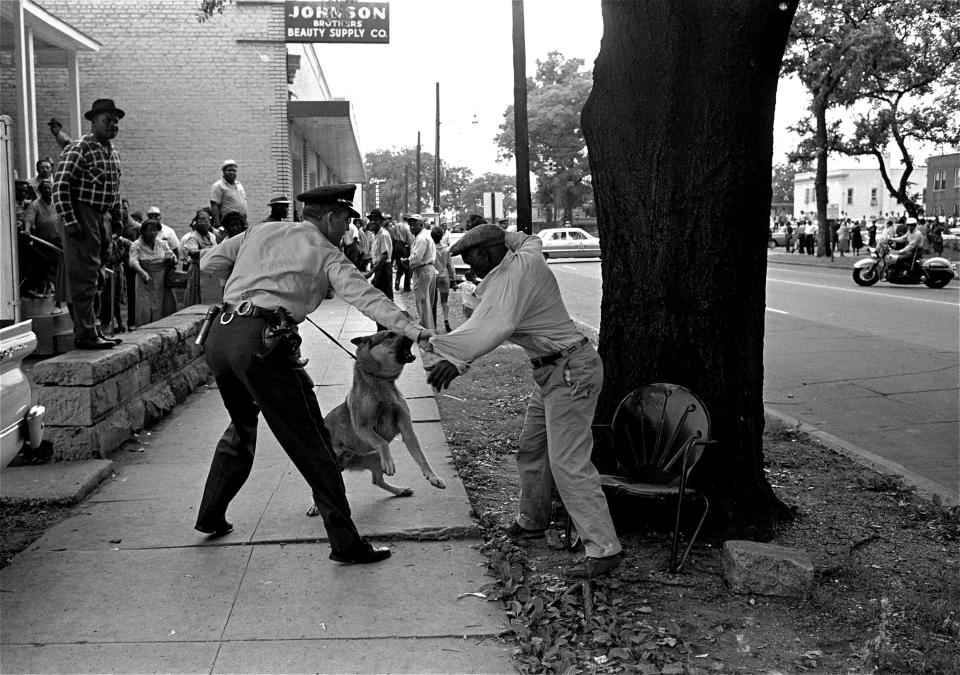 A patrolman and a police dog go after a Black man who swings at the dog with a small knife during racial demonstrations in Birmingham, Ala., May 3, 1963.
