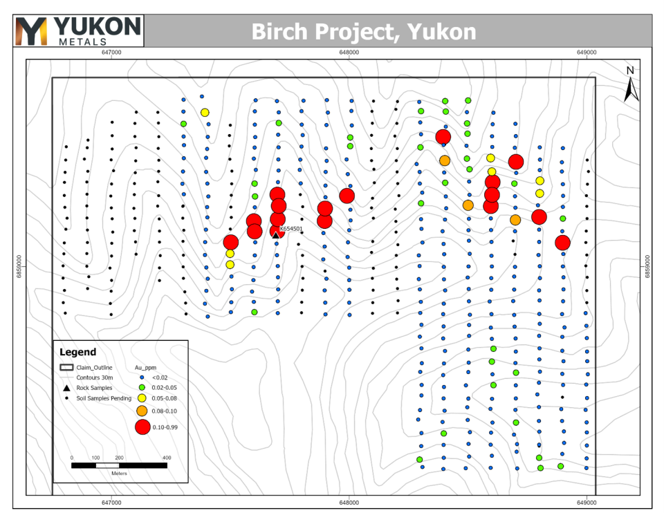 Gold-in-soils at northern Birch 50m x 100m grid.