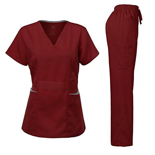 10) Medical Uniform Women's Scrubs Set Stretch Contrast Pocket Eggplant L