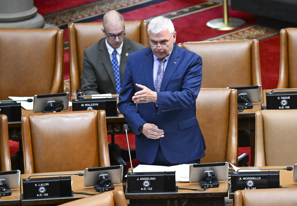 Assemblyman Joseph Angelino, R-Binghamton, debates legislation to consider new firearms regulations for concealed-carry permits during a special legislative session in the Assembly Chamber at the state Capitol Friday, July 1, 2022, in Albany, N.Y. (AP Photo/Hans Pennink)