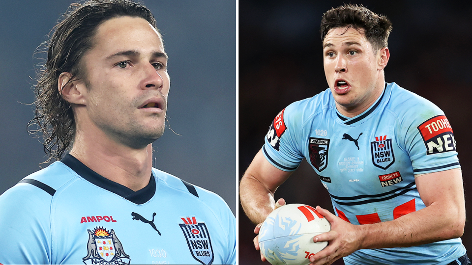 Blues coach Michael Maguire must choose between Mitchell Moses (pictured) and Zac Lomax for goal-kicking duty after losing sharp shooter Nicho Hynes (pictured left). (Images: Getty Images)