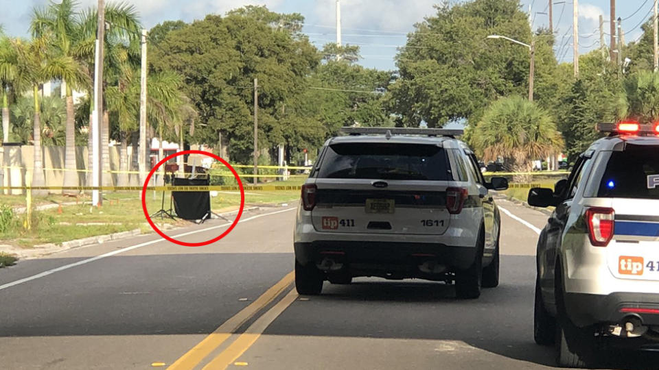 Police set up crime scene where a human head was found next to a road.