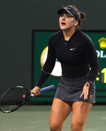 Mar 15, 2019; Indian Wells, CA, USA; Bianca Andreescu (CAN) reacts at match point as she defeats Elina Svitolina (not pictured) during her semifinal match in the BNP Paribas Open at the Indian Wells Tennis Garden. Mandatory Credit: Jayne Kamin-Oncea-USA TODAY Sports