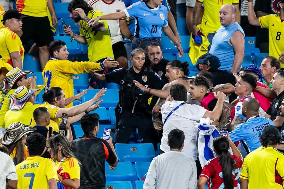 <p>Nick Tre. Smith/Icon Sportswire via Getty</p>  Uruguay forwarDarwin Núñez engages with hostile fans in the stands after the CONMEBOL Copa America semifinal