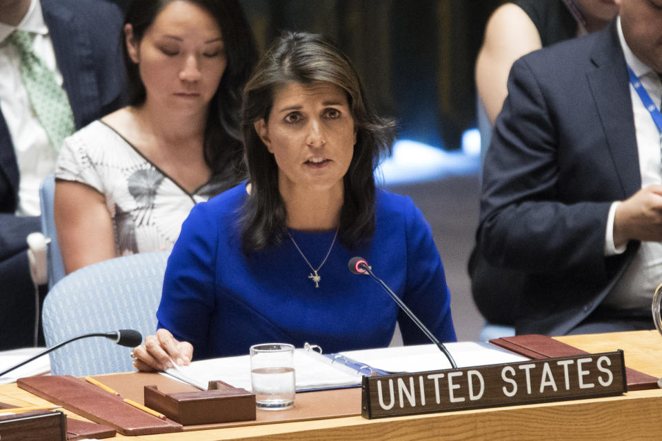 FILE - U.S. Ambassador to the United Nations Nikki Haley speaks during a Security Council meeting on the situation in Myanmar, Tuesday, Aug. 28, 2018, at United Nations headquarters. (AP Photo/Mary Altaffer, File)